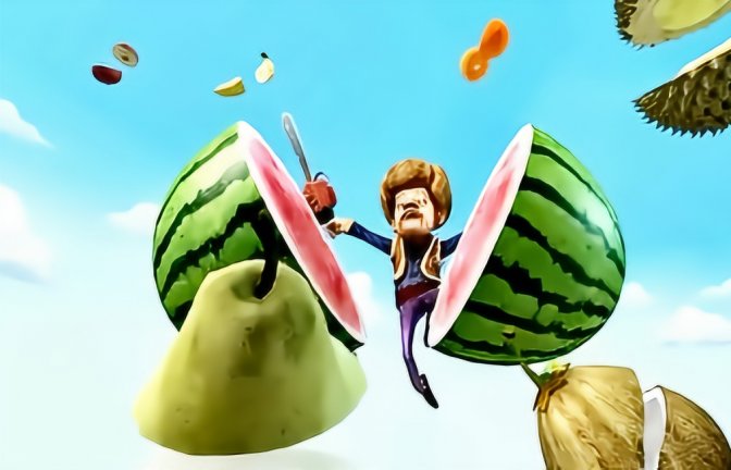 光头强真人版切西瓜真牛,真是光头出锯谁与争锋,太搞笑了值得看